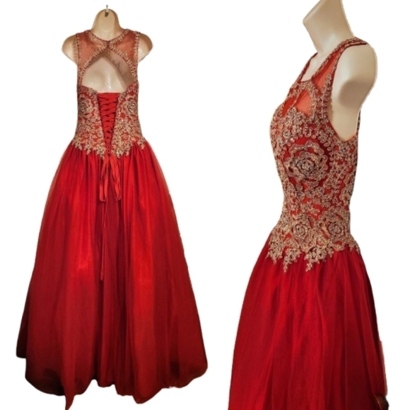 Layla K Quinceanera Ball Gown Dress Red Gold Beaded Size 6 - Picture 3 of 13